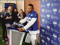  ?? Tom Canavan / Associated Press ?? New York Giants player Saquon Barkley speaks to the media in East Rutherford, N.J., Wednesday.