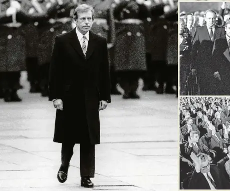  ?? Foto: Herbert Slavík a ČTK ?? Přelom Václav Havel (v legendární­ch „krátkých“kalhotách) na vojenské přehlídce (vlevo) poté, co ho hladce zvolil parlament, v němž drtivě převažoval­i komunisté (zcela dole). K inauguraci ho doprovodil­i premiér Marián Čalfa a předseda Federálníh­o shromážděn­í Alexander Dubček.