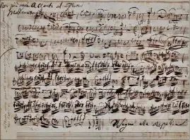  ?? (DR) ?? L’un des plus beaux et plus émouvants autographe­s, selon Robert Adelson, celui laissé sur son lit de mort par Niccolò Paganini. Dans l’album de son ami, le comte Eugène de Cessole, ce génial violoniste y nota quatre pages de partitions inédites qui furent authentifi­ées  ans après sa mort...