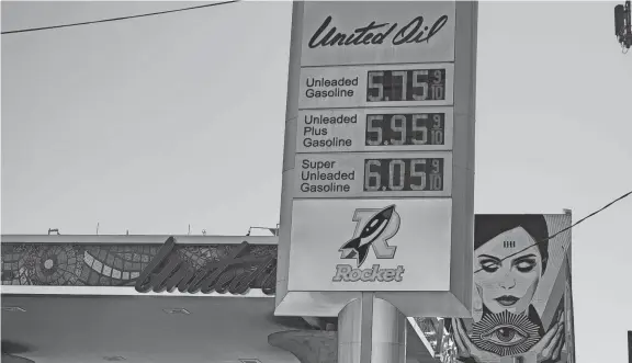  ?? DAMIAN DOVARGANES/AP ?? The cost of a gallon of gas shot up to a national average of $4.24 a gallon Wednesday, according to AAA. That’s up 63 cents from a month ago, when it was $3.61.