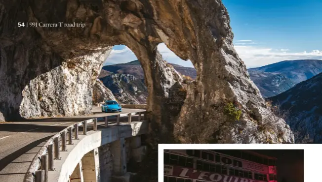  ??  ?? above and right The Carrera T’s Sport exhaust makes itself known on the stunning Col de Vence before a long drive right through France via the old grandstand­s at Reims