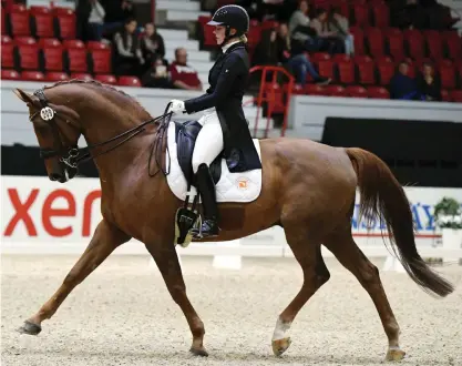  ?? FOTO: LEHTIKUVA/JUSSI NUKARI ?? Anna von Wendt och hästen Denzel kammade hem två fjärdeplat­ser i dressyr i Helsinki Internatio­nal Horse Show.