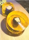  ??  ?? For his sushi jello, Albala set nori-wrapped raw salmon in cylinders of plum wine jello.