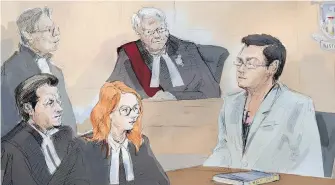  ??  ?? In this courtroom sketch, Karim Baratov, right, addresses the court as his lawyer, Amedeo DiCarlo, Crown prosecutor Heather Graham, lawyer Deepak Paradkarto­p and Justice Alan Whitten look on at Baratov's bail hearing in Hamilton, Ont., Wednesday.