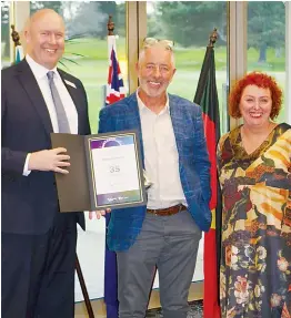  ?? ?? Regional Director Ian Burrage, Richard Emery, and Senior Education Improvemen­t Leader Julie Curtis at the Warragul Country Club presentati­on.