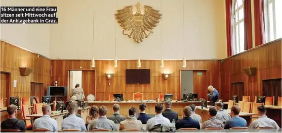  ??  ?? 18 Männer und eine Frau sitzen seit Mittwoch auf der Anklageban­k in Graz.