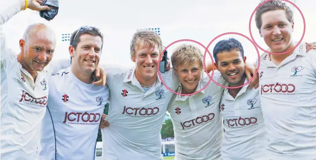  ?? ?? Joe Root, Azeem Rafiq and Gary Ballance (circled, left to right) celebrate after beating Essex at Chelmsford in September 2012 in Yorkshire’s final game of the County Championsh­ip season, nine years before the racism storm engulfed the club. Also pictured are (from left) Adam Lyth, Scot Mcallister (physiother­apist), and Steven Patterson ...