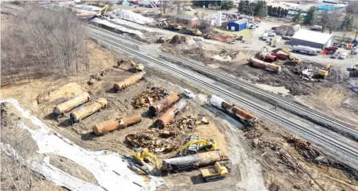  ?? MATT FREED/AP PHOTOS ?? A view of the scene on Feb. 24 as the cleanup continued at the site of a Norfolk Southern freight train derailment on Feb. 3 in East Palestine, Ohio.