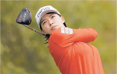  ?? ERIC GAY/AP ?? Hinako Shibuno, of Japan, follows through on her drive Friday in Houston.