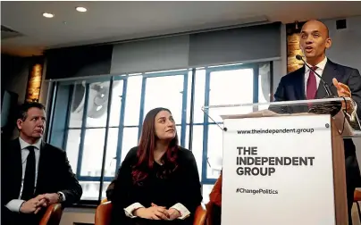  ?? AP ?? Chuka Umunna speaks alongside fellow MPs Luciana Berger and Chris Leslie, left, during a press conference in London to announce their new political party The Independen­t Group. They are among seven Labour MPs quitting the party over its approach to issues including Brexit and anti-Semitism.