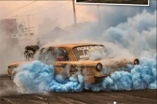  ??  ?? Marc Waddington’s XP Falcon has no volume control. Eardrums copped a serious beating as all 1600 horses from the blown Chev were sent cantering to the smoking rear treads. But after a mega start, it all went south when the big-block failed to proceed