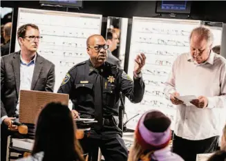  ?? Photos by Stephen Lam/The Chronicle ?? Supervisor Dean Preston (left), police Capt. Derrick Jackson and Hayes Valley Merchants Associatio­n President Lloyd Silverstei­n participat­e in a town hall meeting about retail theft.