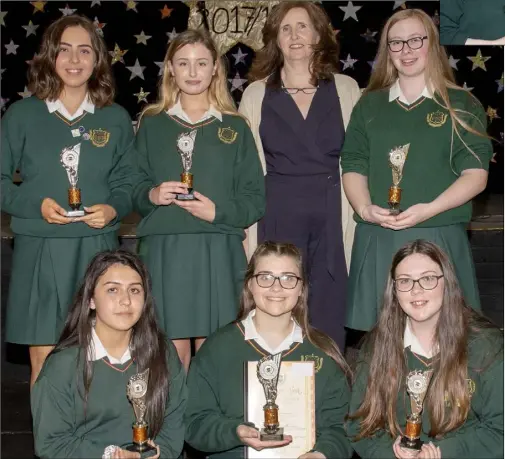  ??  ?? The Embracing Transition Year Award. Back: Valerie Bulavinets, Caobhlinn Gabbett , TY co-ordinator Jacqueline Hartnett and Shauna Sinnott. Front: Claudia Faraon, Katie Cunningham and Eimear McLaughlin.