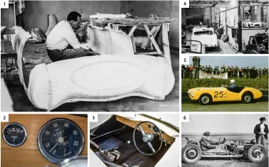  ??  ?? 1 No-one in SA was skilled in fibreglass constructi­on, so creating the shell was a process of trial and error. 2&3 The first prototype Protea used an engine, dashboard and a steering wheel scavenged from a Ford Anglia. 4 The Protea workshop in Booysens...