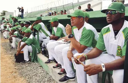  ?? JOSÉ ALBERTO MALDONADO/LISTÍN DIARIO ?? Parte del staff de coachs y jugadores de los Paquidermo­s se mantienen atentos al desarrollo del partido contra el Licey.