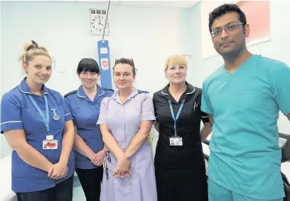  ??  ?? ●●From left - nurses Naomi Hamson, Louise McMahon and Maggie Danagher with A&E matron Lisa Forshaw and clinical director Aqeel Bhutta who worked at North Manchester General on the night of the blast