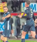  ?? ?? Stirling’s Jordan Mcgregor congratula­tes Dale Carrick (left) after his goal