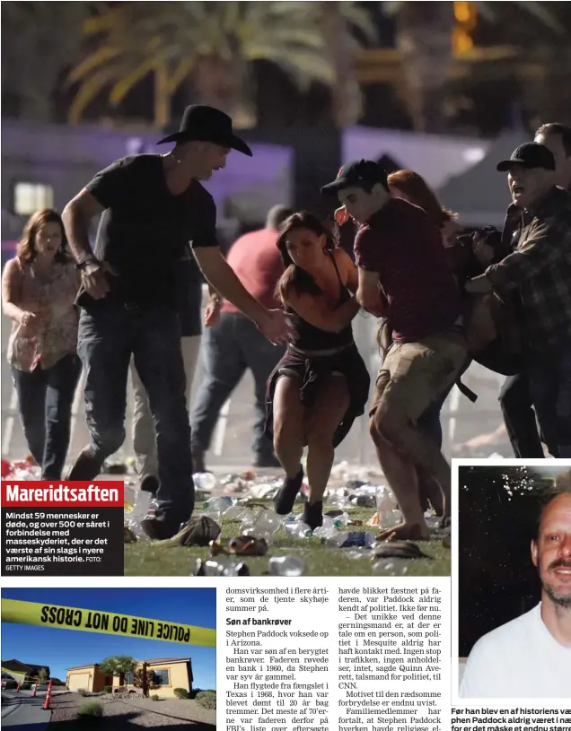  ?? FOTO: FOTO: AP FOTO: AP ?? Mareridtsa­ften
Mindst 59 mennesker er døde, og over 500 er såret i forbindels­e med masseskyde­riet, der er det vaerste af sin slags i nyere amerikansk historie. Stephen Paddock ejede og boede i dette hus, som mandag var genstand for stor...