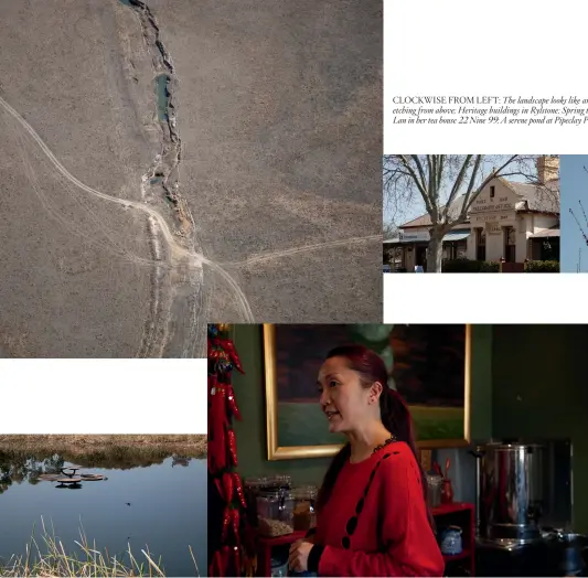  ??  ?? CLOCKWISE FROM LEFT: The landscape looks like an artist’s etching from above; Heritage buildings in Rylstone; Spring trees; Na Lan in her tea house 22 Nine 99; A serene pond at Pipeclay Pumphouse.