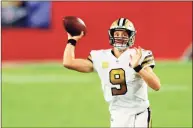  ?? Associated Press / Mike Ehrmann ?? New Orleans Saints quarterbac­k Drew Brees throws a pass during the first half against the Tampa Bay Buccaneers in Tampa, Fla., in November.