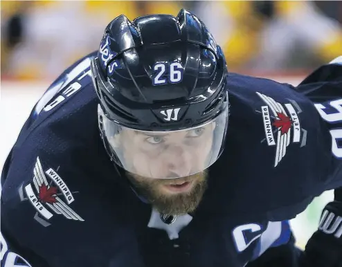  ?? KEVIN KING / POSTMEDIA NEWS ?? Winnipeg Jets captain Blake Wheeler put all his leadership qualities on display during the team’s second-round playoff series triumph over the Nashville Predators. Wheeler had two goals and nine assists in the series.