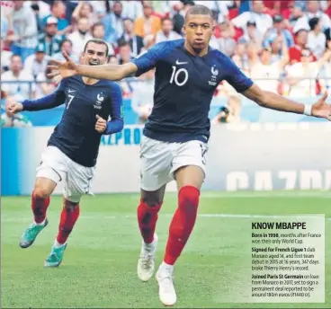  ?? REUTERS ?? ▪ Kylian Mbappe, whose raw pace made a huge difference in the battle against an ageing lineup, celebrates the fourth goal that sealed Argentina’s fate in their prequarter final in Kazan on Saturday.