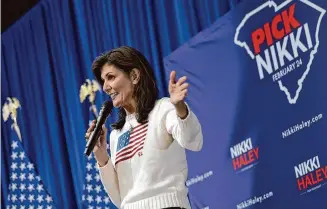  ?? Win McNamee/Getty Images ?? Republican presidenti­al candidate former U.N. Ambassador Nikki Haley speaks during a campaign event at The Cinema o Sunday in Orangeburg, South Carolina. South Carolina holds its Republican primary on Feb. 24.