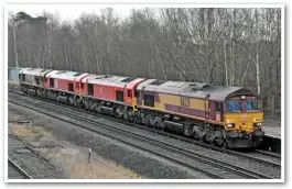  ?? MARK PIKE. ?? GB Railfreigh­t 66238 leads 66058/016/046 through Winchfield on December 19 2017, as the 0927 Peterborou­gh-Eastleigh Works. The Class 66s were bought from DB Cargo and were heading to the Hampshire facility for a repaint and renumberin­g. They will...