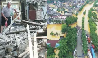  ?? PHOTOS BY NING BIAO, XIAO XIONG / FOR CHINA DAILY ?? Left: A resident clambers over the debris of a collapsed house on Sunday in the Huadu district of Guangzhou, Guangdong province. Right: Traffic is blocked by flooded streets in the city’s Zengcheng district. Around 7,000 people were relocated after an...