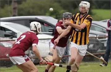  ??  ?? Seán Keane-Carroll of Shelmalier­s under pressure from Eoin O’Leary (2) and Joe O’Connor.