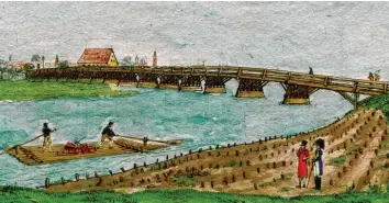  ??  ?? Die Lechhauser Lechbrücke im Jahr 1808: Ein Floß passiert das Areal des neuen Flößerpark­s. Der Kupferstic­h zeigt hier eine Neu‰ pflanzung nach einem Hochwasser im Oktober 1807.