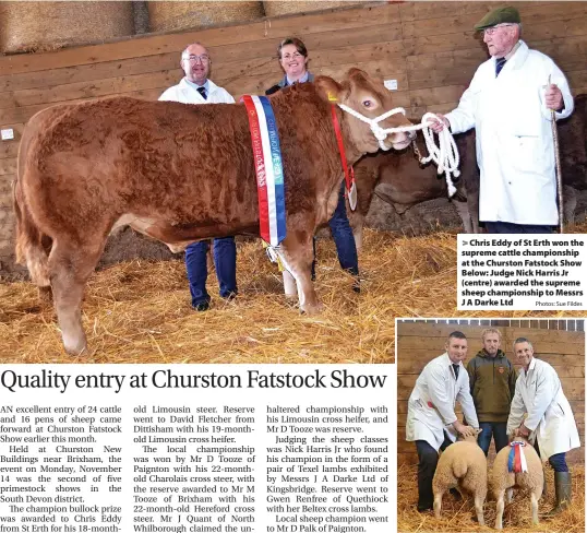  ?? Photos: Sue Fildes ?? Chris Eddy of St Erth won the supreme cattle championsh­ip at the Churston Fatstock Show Below: Judge Nick Harris Jr (centre) awarded the supreme sheep championsh­ip to Messrs J A Darke Ltd