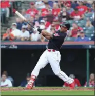  ?? TIM PHILLIS — FOR THE NEWS-HERALD ?? Michael Brantley swings against the Astros during Game 3 of the ALDS on Oct. 8 at Progressiv­e Field.