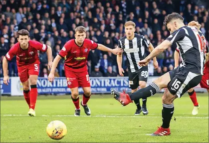  ??  ?? PENALTY KING: Ian McShane converts to edge St Mirren into the lead, but Morton fought back to eventually claim a point