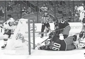  ?? ADAM CAIRNS/THE COLUMBUS DISPATCH ?? Blue Jackets goaltender Elvis Merzlikins makes a diving stop on a shot from the Lightning's Ondrej Palat, left, on Thursday.