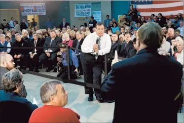  ?? Mel Evans Associated Press ?? GOV. CHRIS CHRISTIE takes questions at a town hall meeting last week in Toms River, N.J. “I never promised you, nor would I, that this was going to be mistake-free,” he said of delivering aid after Superstorm Sandy.