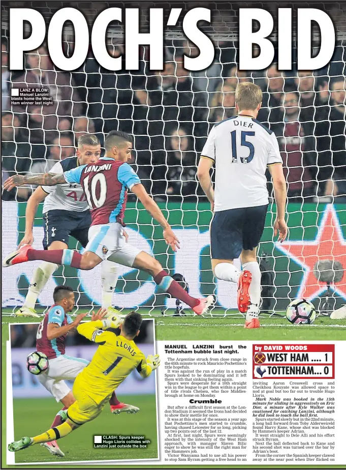  ??  ?? LANZ A BLOW: Manuel Lanzini blasts home the West Ham winner last night CLASH: Spurs keeper Hugo Lloris collides with Lanzini just outside the box