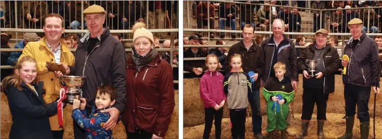  ??  ?? Isabelle Mooney with her father, Alan Mooney (Ensor O’ Connor solicitors), Derry Rothwell, champion of show with his grandson, Stephen Banville, and Sharon Rothwell.
Best two or more store bullocks over 450Kg: Brian Doyle 2nd place winner with his children, Roisin, Clodagh and C Jim Casey (Casey Concrete), Charlie Kehoe 1st place winner and Derry Rothwell , 3rd place winner.