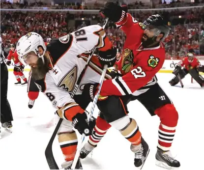  ??  ?? Defenseman Johnny Oduya made his 2017 Hawks debut Thursday night against the Anaheim Ducks. | JONATHAN DANIEL/ GETTY IMAGES