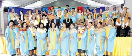  ?? Photo: Vilimoni Vaganalu ?? Attorney-General and Minister for Education Aiyaz Sayed-Khaiyum with Corpus Christi Teachers College graduates, lecturers and management and the Head of the Catholic Church in Fiji, Archbishop Peter Loy Chong during the graduation ceremony on November...