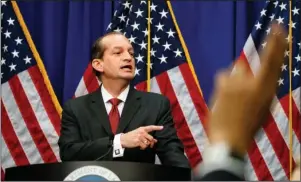  ?? The Associated Press ?? UNDER FIRE: Labor Secretary Alex Acosta speaks Wednesday during a news conference at the Department of Labor in Washington. Trying to tamp down calls for his resignatio­n, Acosta on Wednesday defended his handling of a sex-traffickin­g case involving now-jailed financier Jeffrey Epstein.