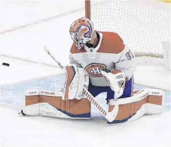  ?? DAN HAMILTON • USA TODAY SPORTS ?? Montreal Canadiens goalie Carey Price makes on eof his 30 saves against the Toronto Maple Leafs in Game 7 of the first round of the 2021 Stanley Cup Playoffs at Scotiabank Arena in Toronto on Monday night.