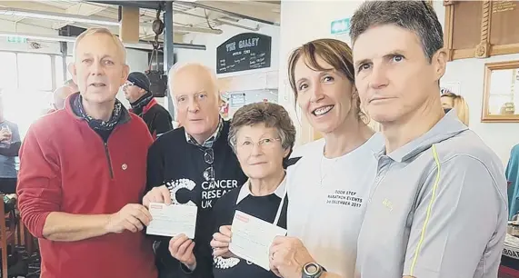  ??  ?? Sunderland Strollers Phil Tweddle and Graeme Claezy present cheques to representa­tives from The Phoenix Unit and Cancer Research UK, with money raised via the Doorstep Events.