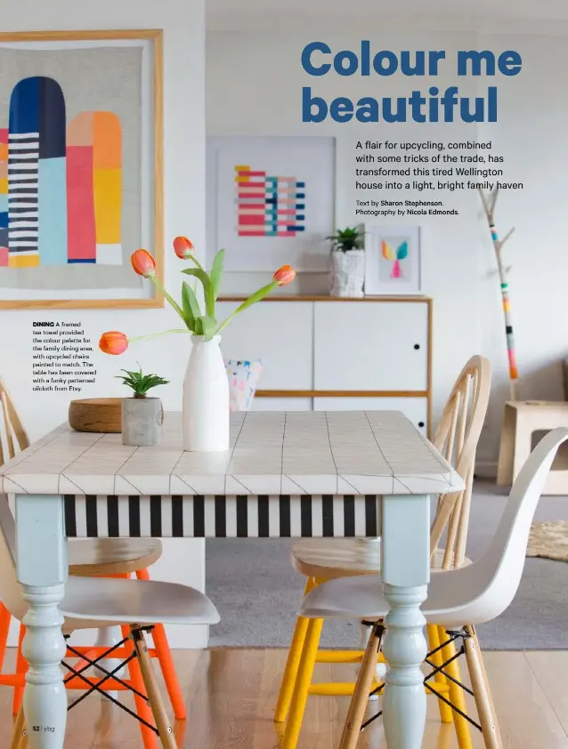  ??  ?? DINING A framed tea towel provided the colour palette for the family dining area, with upcycled chairs painted to match. The table has been covered with a funky patterned oilcloth from Etsy.