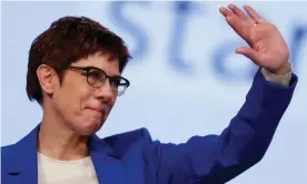  ?? Photograph: Odd Andersen/AFP via Getty Images ?? Annegret Kramp-Karrenbaue­r waves after giving her speech at the CDU conference.