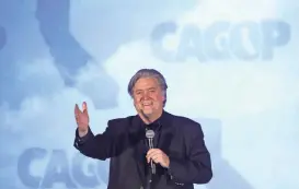  ?? EPA-EFE ?? Steve Bannon, executive chairman of Breitbart News and former White House chief strategist, speaks during the California GOP Convention in Anaheim, Calif., on Friday night.