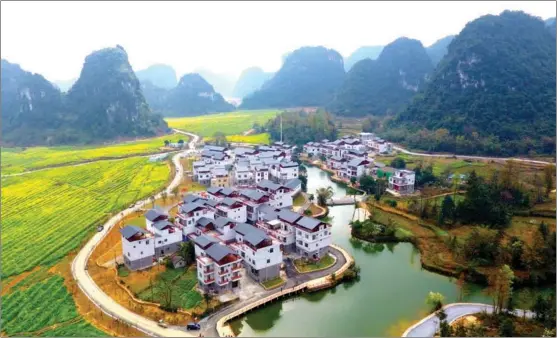  ?? TAN WEIFENG / FOR CHINA DAILY ?? An aerial view of a village in Baise of the Guangxi Zhuang autonomous region in early 2019 showcases improved housing and agricultur­al production amid rising standards of living in the area.