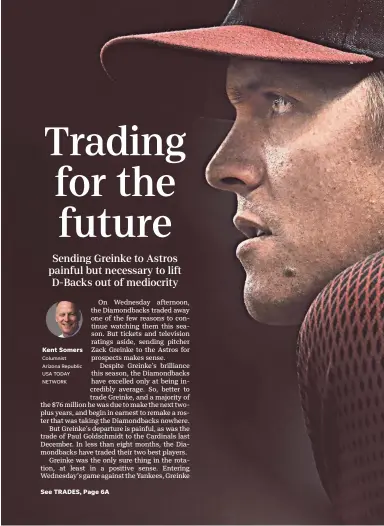  ?? GETTY IMAGES ?? Zack Greinke watches from the dugout as the Arizona Diamondbac­ks play the Chicago Cubs on April 28.