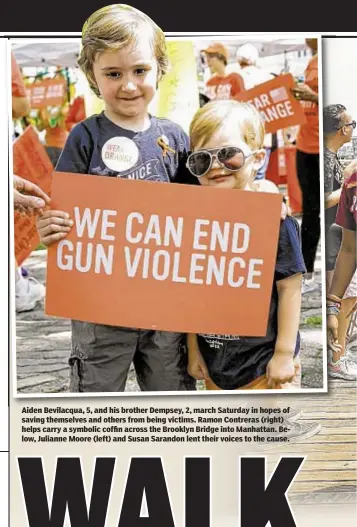  ??  ?? Aiden Bevilacqua, 5, and his brother Dempsey, 2, march Saturday in hopes of saving themselves and others from being victims. Ramon Contreras (right) helps carry a symbolic coffin across the Brooklyn Bridge into Manhattan. Below, Julianne Moore (left)...