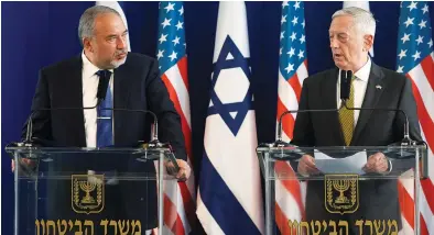  ?? (Jonathan Ernst/Reuters) ?? DEFENSE MINISTER Avigdor Liberman (left) and US Secretary of Defense James Mattis hold a joint news conference in Tel Aviv in April.